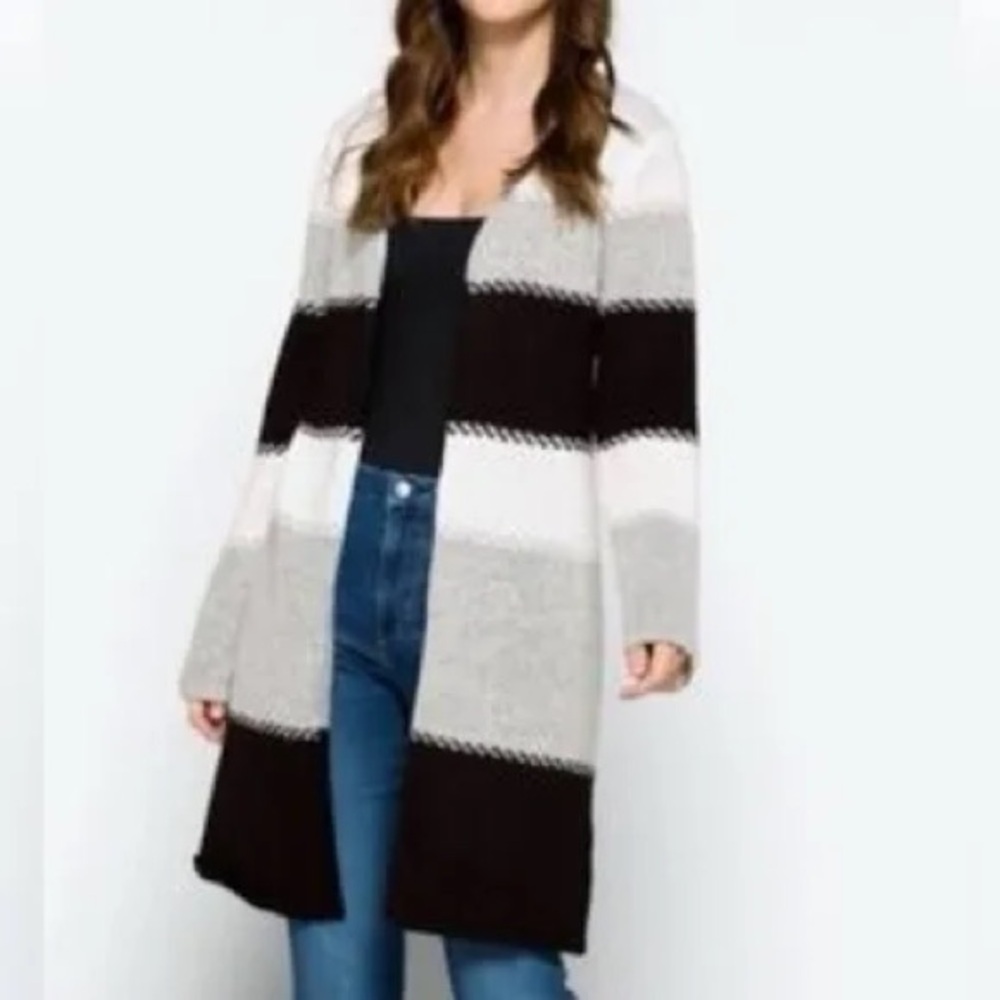 Fortune + Ivy Striped Open Front Long Cardigan Sweater